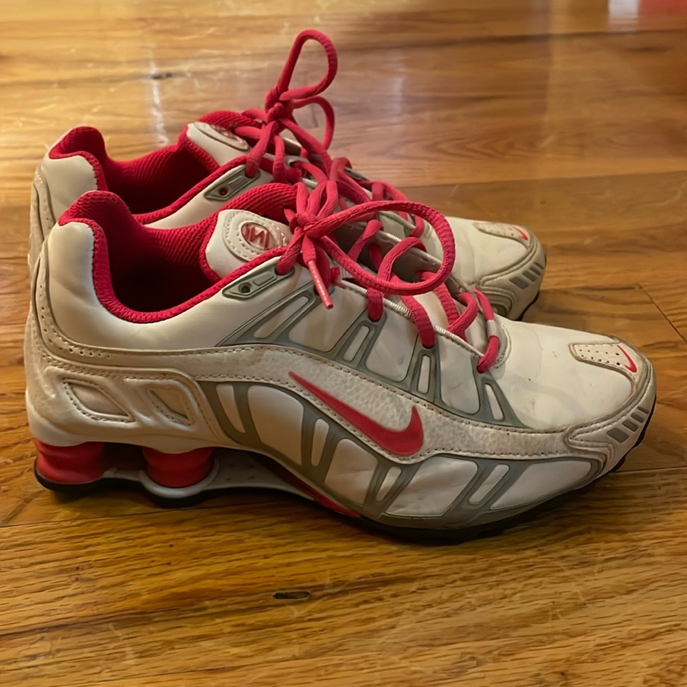 Pink and White Nike Shox
